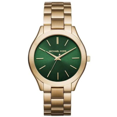 Michael Kors Ladies Slim Runway Gold Green Watch - MK3435